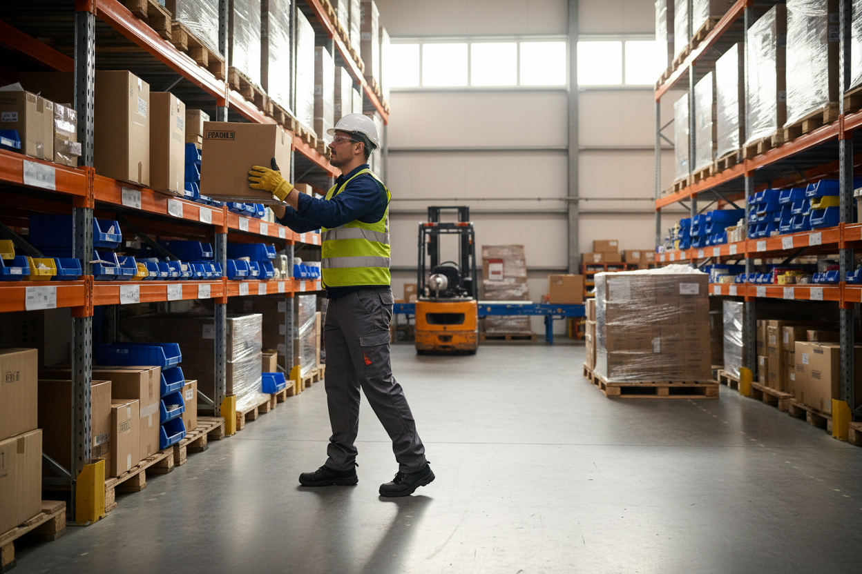 עובד מחסן עובד ומצלמים אותו מהצד עובד